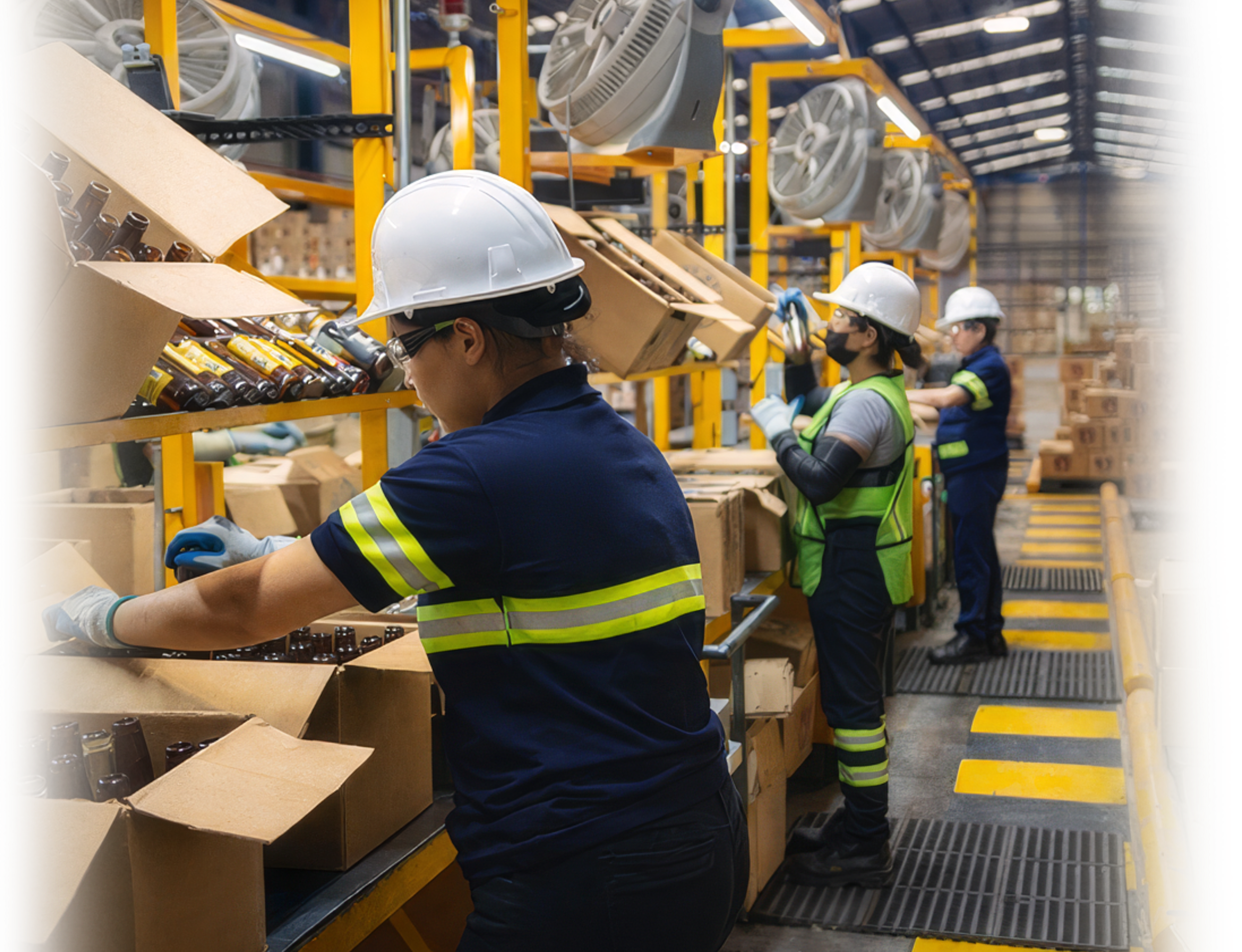 Trabajadores en planta de producción utilizando calzado de protección Cliff and Company